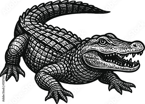 Black and White Alligator Illustration Detailed Scaly Reptile