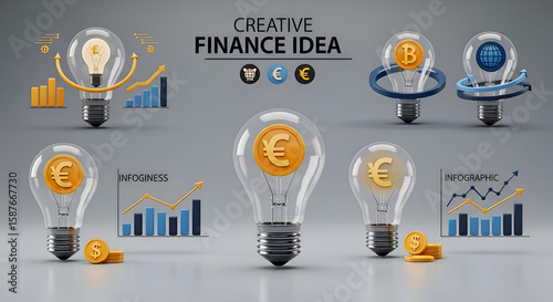 Creative finance idea concept featuring light bulbs with currency symbols, charts, and infographic elements on a gray background.