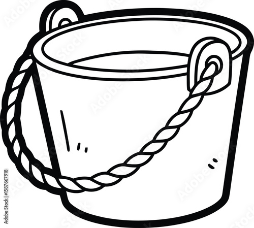 Simple black and white illustration of a metal bucket with a rope handle, filled with liquid.