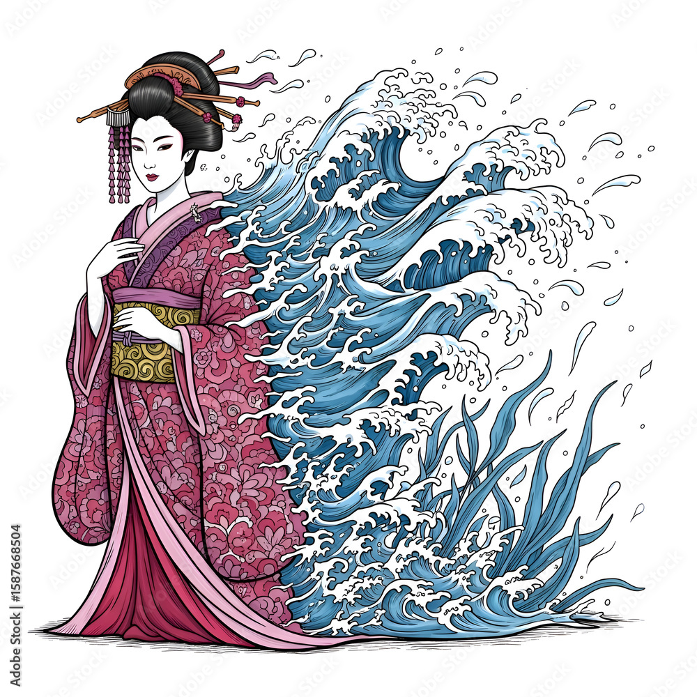 Fototapeta premium A stylized illustration of a geisha with a flowing kimono and a backdrop of powerful ocean waves.