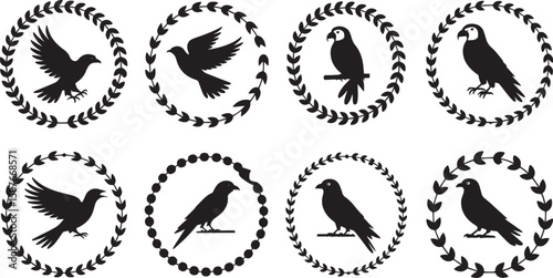 Eight bird silhouettes within decorative circular frames eagle dove