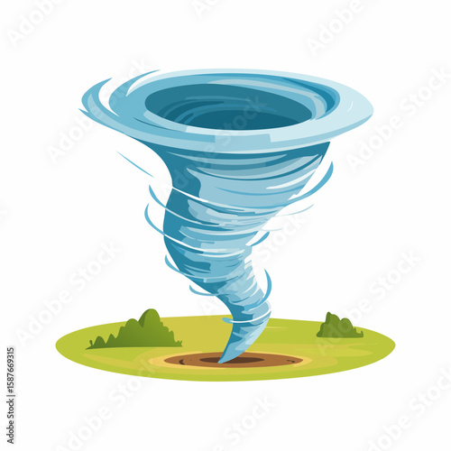 Spinning tornado funnel connecting sky to ground in motion, captured in stylized clean vector lines.