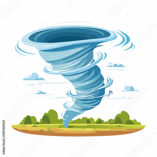 Spinning tornado funnel connecting sky to ground in motion, captured in stylized clean vector lines.