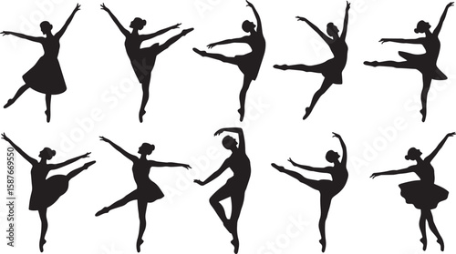 Elegant ballet dancers in graceful poses silhouettes black
