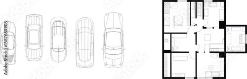 Top view car illustrations with detailed residential house floor plan layout for architectural design, planning, blueprint, construction, and real estate use.