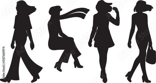 Fashionable figures showcasing diverse poses and attire women silhouettes