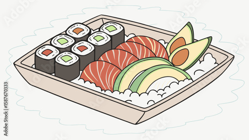 Delicious sushi platter with salmon avocado and maki rolls japanese food cuisine asian culinary delicacy dish