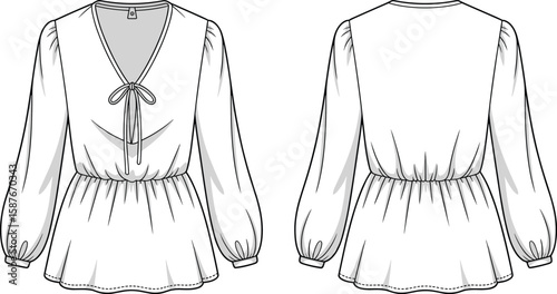 Women’s Long Sleeve Peplum Blouse, Fashion CAD Technical Drawing, Flat Vector Sketch, Front and Back View Apparel Design Illustration