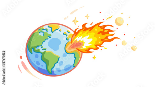 Cartoon earth hit by meteor asteroid impact illustration for science and space exploration design use