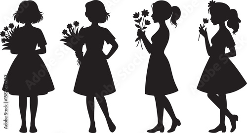 Four women silhouettes holding flowers girls bouquets