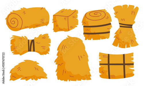 Cartoon Color Bale of Hay Icon Set Include of Straw, Haystack and Hayloft. Vector illustration of Icons