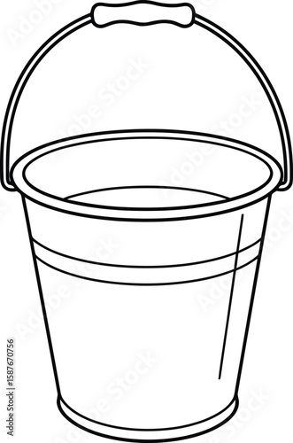 Simple black and white illustration of a metal bucket with a handle, ready for use.