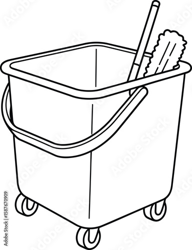 A line drawing of a square mop bucket on wheels, containing a mop and duster.