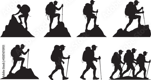 Hikers climbing mountains with backpacks and poles vector