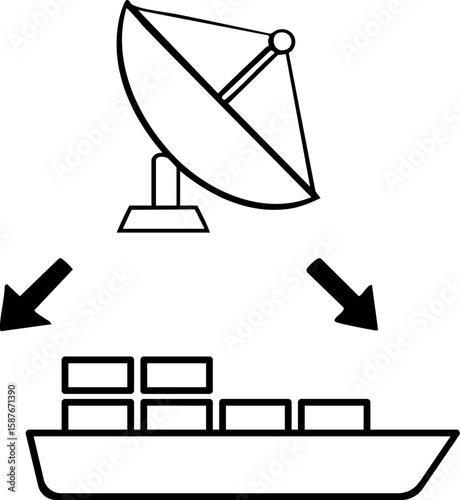 Cross border trading icon showing satellite communication with cargo ship for global commerce