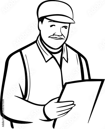 Cross border trading icon showing man reading document with cap and mustache line art style