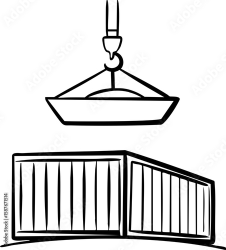 Cross border trading icon showing shipping container being lifted by crane hook in simple style