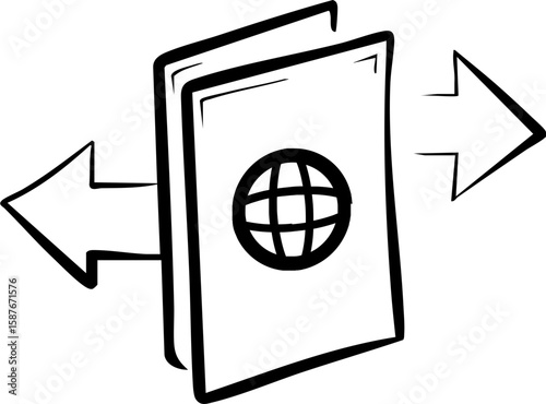 Cross border trading icon with passport and arrows represents international business concept