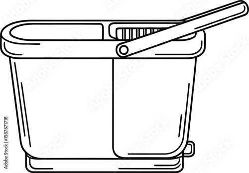 Line drawing of a plastic cleaning bucket with a wringer and handle, isolated on a white background.