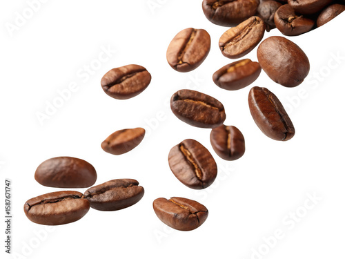 Scattered roasted coffee beans in motion against a dark background isolated on transparent background