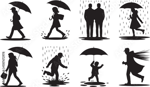 People walking with umbrellas in the rain silhouette