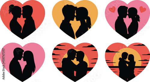 Romantic couple silhouettes embracing within colorful heart shapes love romance
