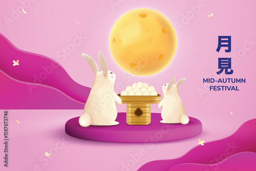 3D Cute Jade Rabbits With Rice Dumplings or Dango, Flowers and Moon On Pink Background. Tsukimi Festival Banner Vector Illustration for Greetings, E-commerce Sale, Etc.