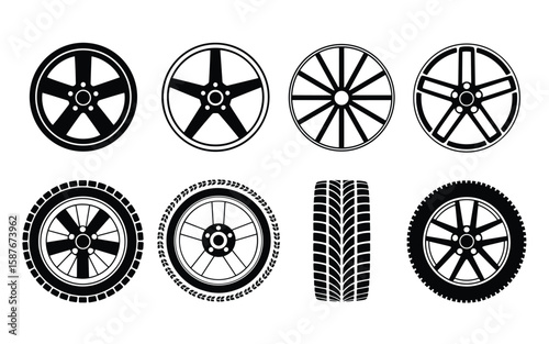 Wheel and Tire Tread Icon Set – Silhouettes of Rim Designs and Matching Grip Patterns