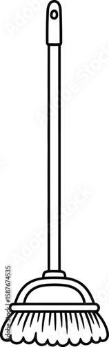 Line drawing of a simple broom with a long handle and a fluffy brush head.