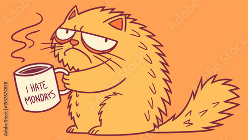 Grumpy cat hates mondays coffee meme illustration funny morning mood tired monday blues caffeine kick