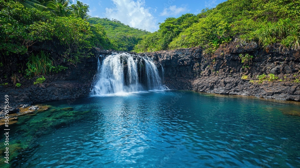 Fototapeta premium Tropical waterfall cascading into a turquoise pool surrounded by lush greenery