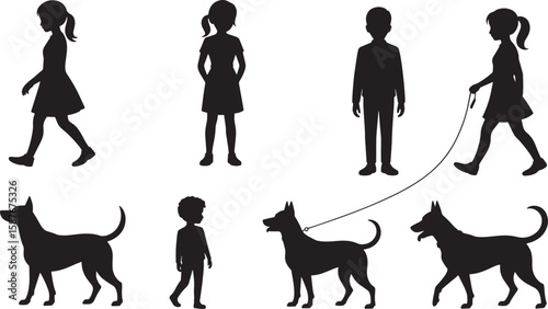 Silhouettes of children and dogs walking and standing girl