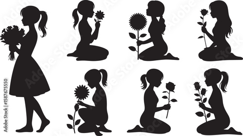 Silhouettes of girls holding flowers bouquet rose