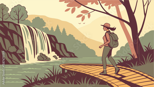 Woman hiking scenic waterfall trail in nature illustration for adventure and outdoor travel destination planning