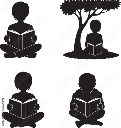 Silhouettes of people reading books in various seated positions sitting