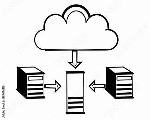 Cloud computing vector icon with cloud, arrows, and server elements