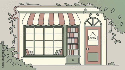 Cozy bookstore shop front with open sign and awning illustration for book lovers and readers design