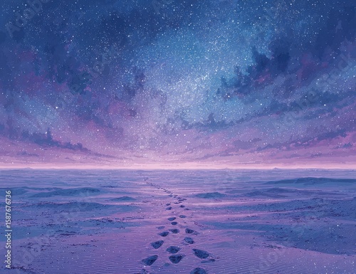 Starry night, snow-covered path