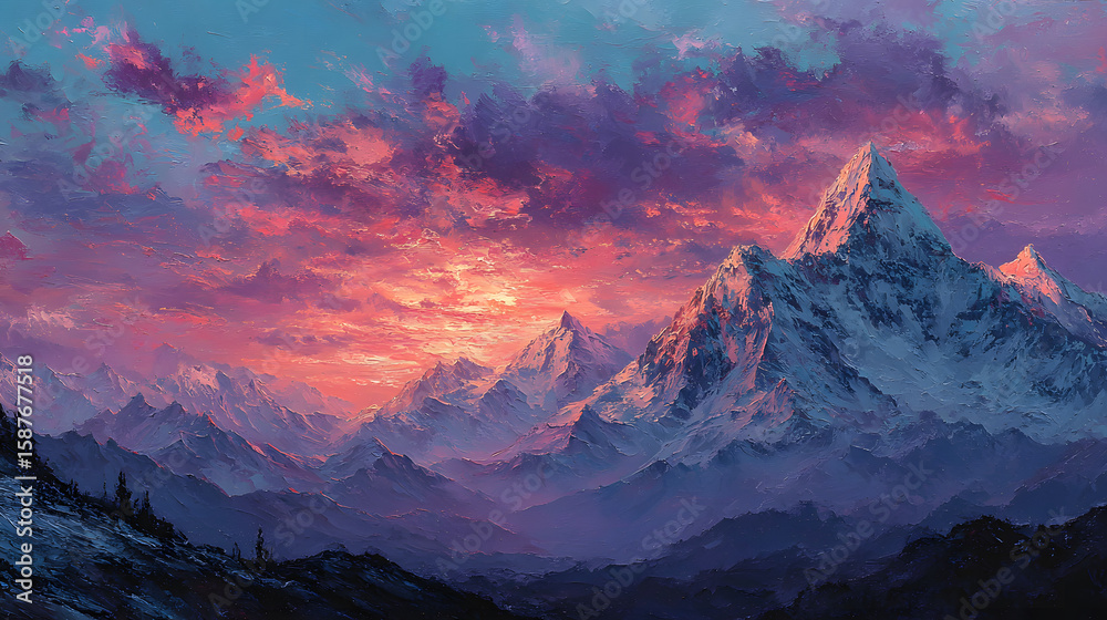 Obraz premium Majestic snow capped mountains sunrise vibrant art