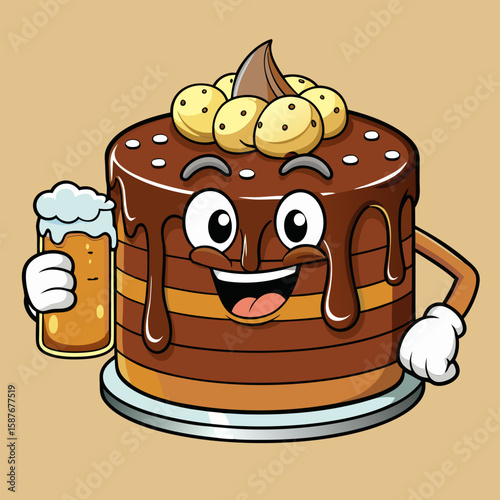 Chocolate cake character with a beer in hand against a neutral background. Joyful expression with a drink in hand. celebratory pose.