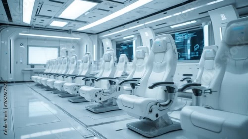 Futuristic White Interior: Rows of Seats in a Modern Spacecraft or High-Tech Transport