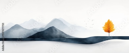 Misty Mountainscape with Golden Tree