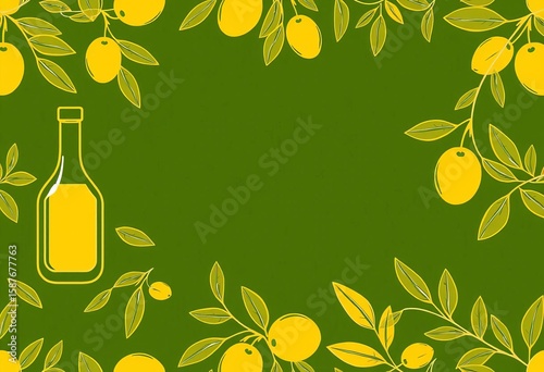 Abstract geometric olive oil bottle, fruit & leaf line art seamless pattern background ,  pattern,  branch