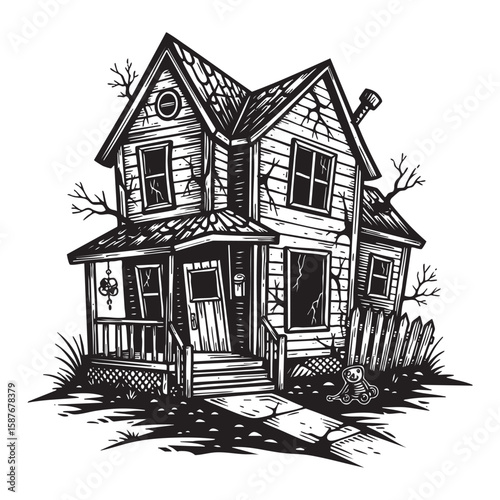 Haunted house spooky mansion woodcut engraving vector illustration