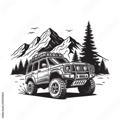 Off-road car in mountains landscape woodcut engraving vector illustration