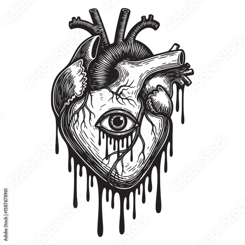 Surreal human heart with all-seeing eye woodcut engraving vector illustration