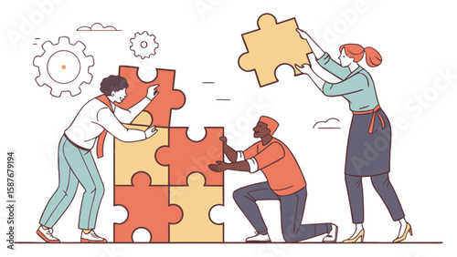Teamwork puzzle collaboration and strategy for business success and problem solving concept illustration vector