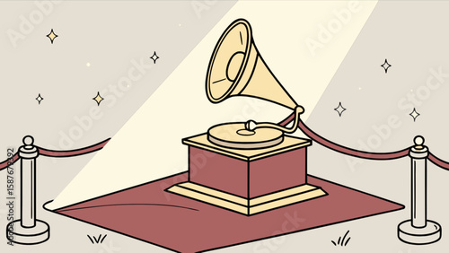 Vintage gramophone on red carpet award ceremony stage with rope barrier and spotlight drawing