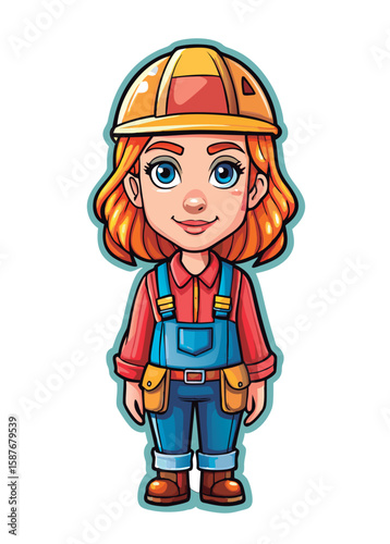 Cartoon female construction worker in overalls and hardhat. standing in a studio shot. Young female construction professional in a construction site setting.