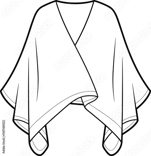Fashion Poncho Technical Flat Sketch, Draped Outerwear Cape Design, Stylish Women’s Garment CAD Template, Vector Drawing Illustration